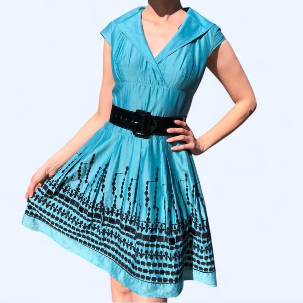 Kay Unger Shawl Collar Embroidery Beaded Teal A-Line Dress